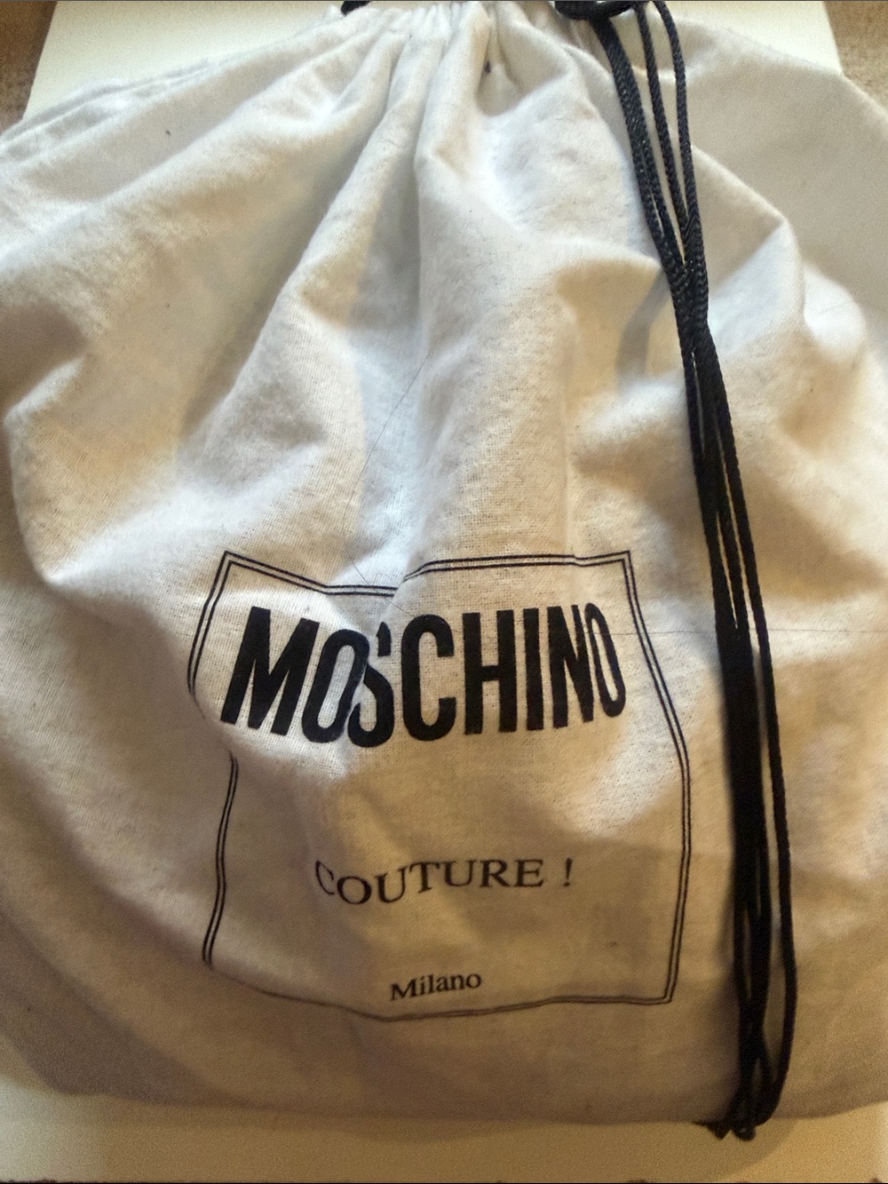 Moschino White Drawstring Dust Bag with Black Logo and Cords